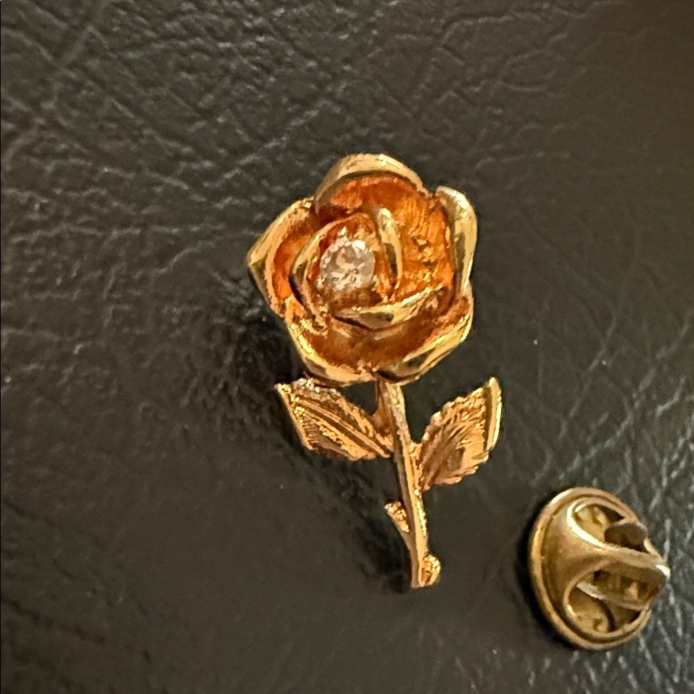 Gold Rose Brooch with Crystal Accent